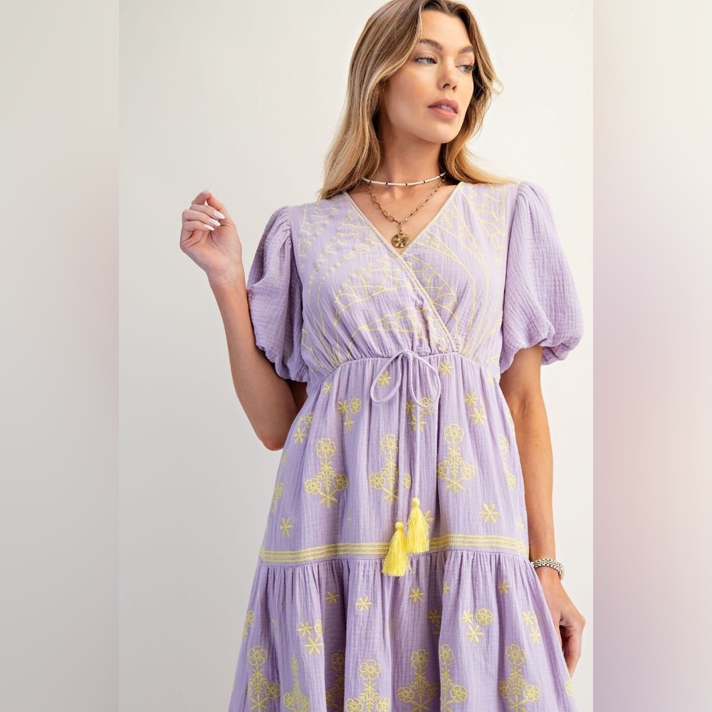 #90 Easel Lavender Maxi Dress with Yellow Embroidery - Picture 3 of 3